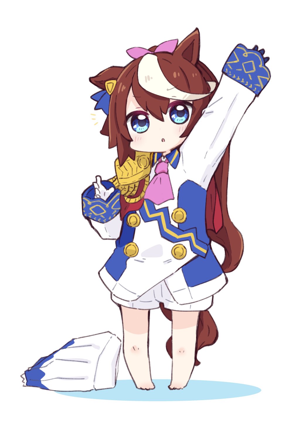 1girl :o animal_ears arm_up ascot asymmetrical_gloves bangs barefoot blue_eyes blue_gloves blush brown_hair colored_shadow commentary_request epaulettes eyebrows_visible_through_hair gloves hair_between_eyes hair_ribbon highres hitomiz horse_ears horse_girl horse_tail jacket long_hair long_sleeves looking_at_viewer mismatched_gloves multicolored_hair parted_lips pink_neckwear pink_ribbon pleated_skirt ponytail ribbon shadow short_shorts shorts single_epaulette skirt skirt_removed sleeves_past_wrists solo streaked_hair tail tokai_teio_(umamusume) umamusume very_long_hair white_background white_gloves white_hair white_jacket white_shorts white_skirt