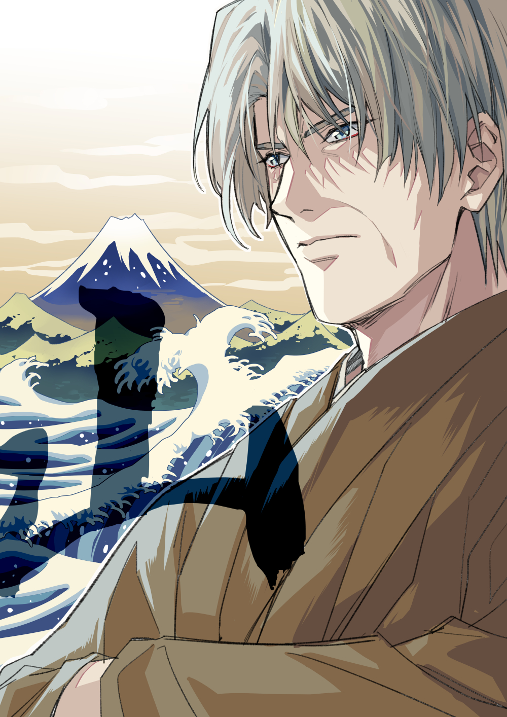 1boy bangs blue_eyes brown_kimono closed_mouth clouds commentary_request grey_eyes grey_hair hands_in_opposite_sleeves highres hikaru_no_go hun_(endlesslovehikaru) japanese_clothes kimono long_sleeves looking_away male_focus mature_male mount_fuji old old_man short_hair touya_kouyou upper_body water waves