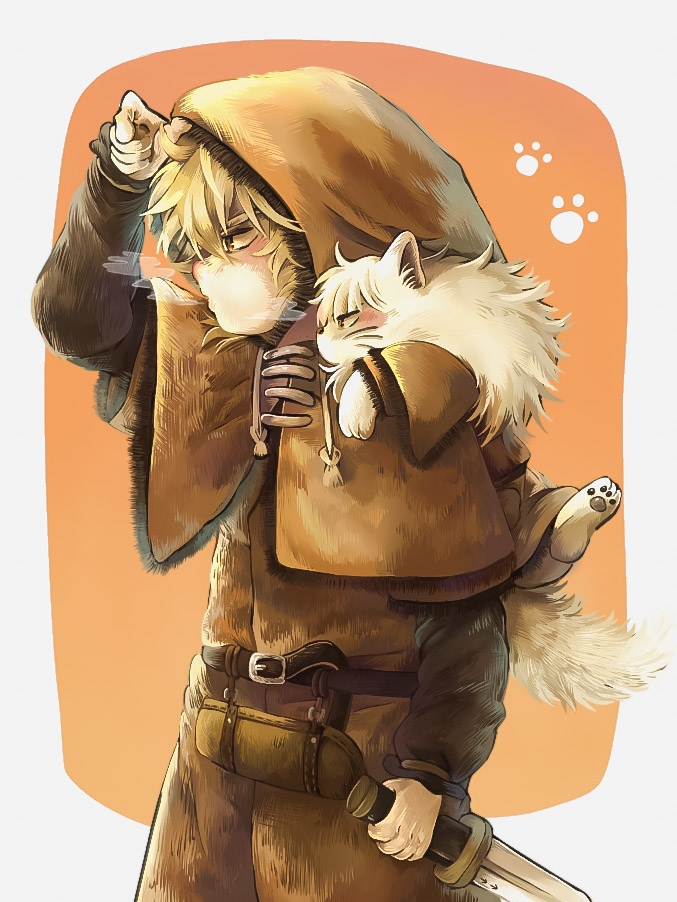 1boy animal_on_shoulder blonde_hair cape cat cat_on_shoulder dagger fluffy fur_trim hood hooded_cape knife long_sleeves profile short_hair thorfinn tunic viking vinland_saga weapon yellow_cat