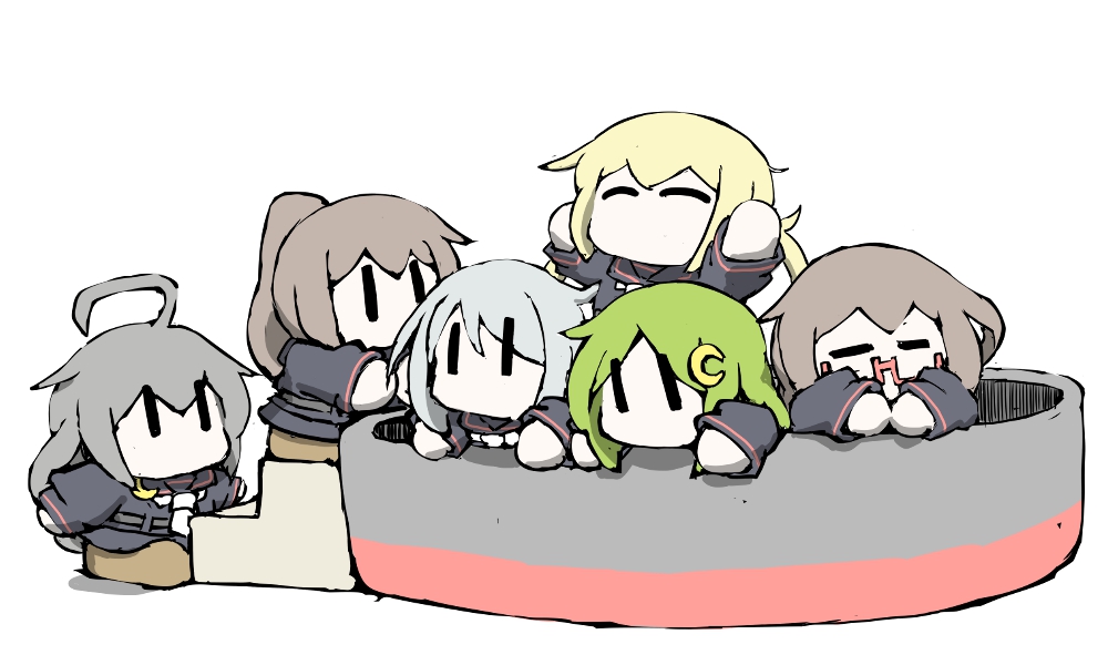 6+girls ^_^ ahoge black_hair black_sailor_collar black_serafuku black_shirt black_skirt blonde_hair brown_footwear brown_hair chibi closed_eyes commentary_request crescent crescent_hair_ornament fumizuki_(kancolle) glasses green_hair hair_ornament kantai_collection kikuzuki_(kancolle) long_hair mikazuki_(kancolle) mochizuki_(kancolle) multiple_girls nagatsuki_(kancolle) no_mouth pleated_skirt ponytail red-framed_eyewear sailor_collar satsuki_(kancolle) school_uniform serafuku shirt shoes simple_background skirt stairs task_(s_task80) twintails uniform white_background white_hair white_neckwear |_|