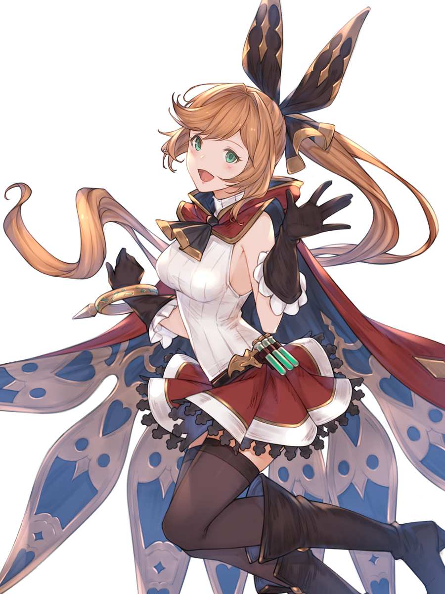 1girl bangle bangs belt black_footwear black_gloves black_legwear blush boots bracelet breasts clarisse_(granblue_fantasy) cloak commentary foot_out_of_frame frilled_gloves frills gloves granblue_fantasy green_eyes hair_intakes high_heel_boots high_heels highres hood hooded_cloak jewelry long_hair looking_at_viewer medium_breasts miniskirt open_mouth orange_hair ponytail red_cloak skirt sleeveless sleeveless_sweater sleeveless_turtleneck solo sweater test_tube thigh-highs turtleneck waving wuming