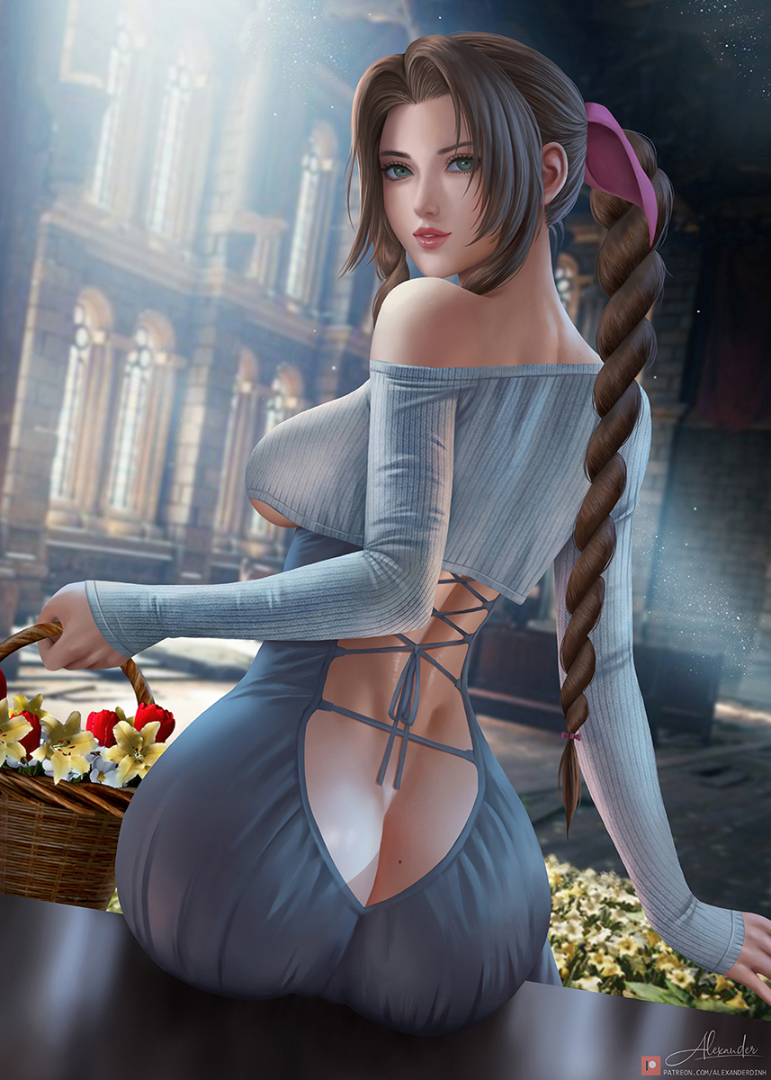 1girl aerith_gainsborough alexander_dinh ass backless_dress backless_outfit blurry blurry_background braid braided_ponytail brown_hair cosplay crop_top dress dutch_angle final_fantasy final_fantasy_vii from_behind green_eyes guitar_little_sister_(hitomi_o) guitar_little_sister_(hitomi_o)_(cosplay) highres lips long_dress long_hair looking_at_viewer looking_back mole mole_on_ass patreon_logo signature sleeves_past_wrists solo web_address