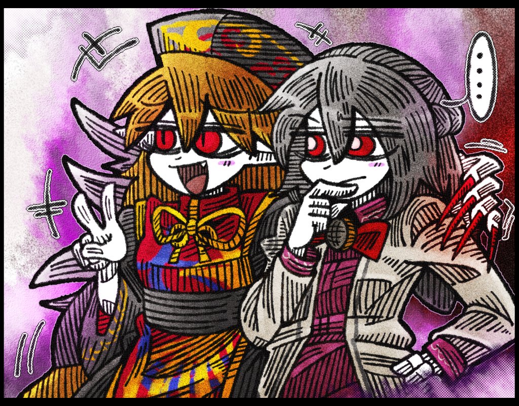 ... 2girls :/ :d angel_wings arm_up bangs beige_jacket braid breasts chinese_clothes closed_mouth dress fang feathered_wings fox_print french_braid hair_between_eyes hand_on_another's_shoulder hand_on_hip hand_to_own_mouth junko_(touhou) kishin_sagume long_hair long_sleeves looking_to_the_side medium_breasts multiple_girls nail_polish obi open_mouth orange_hair phoenix_crown purple_dress red_nails sash short_hair silver_hair single_wing smile spoken_ellipsis standing suenari_(peace) tabard tassel tongue touhou upper_body v very_long_fingernails wide_sleeves wings