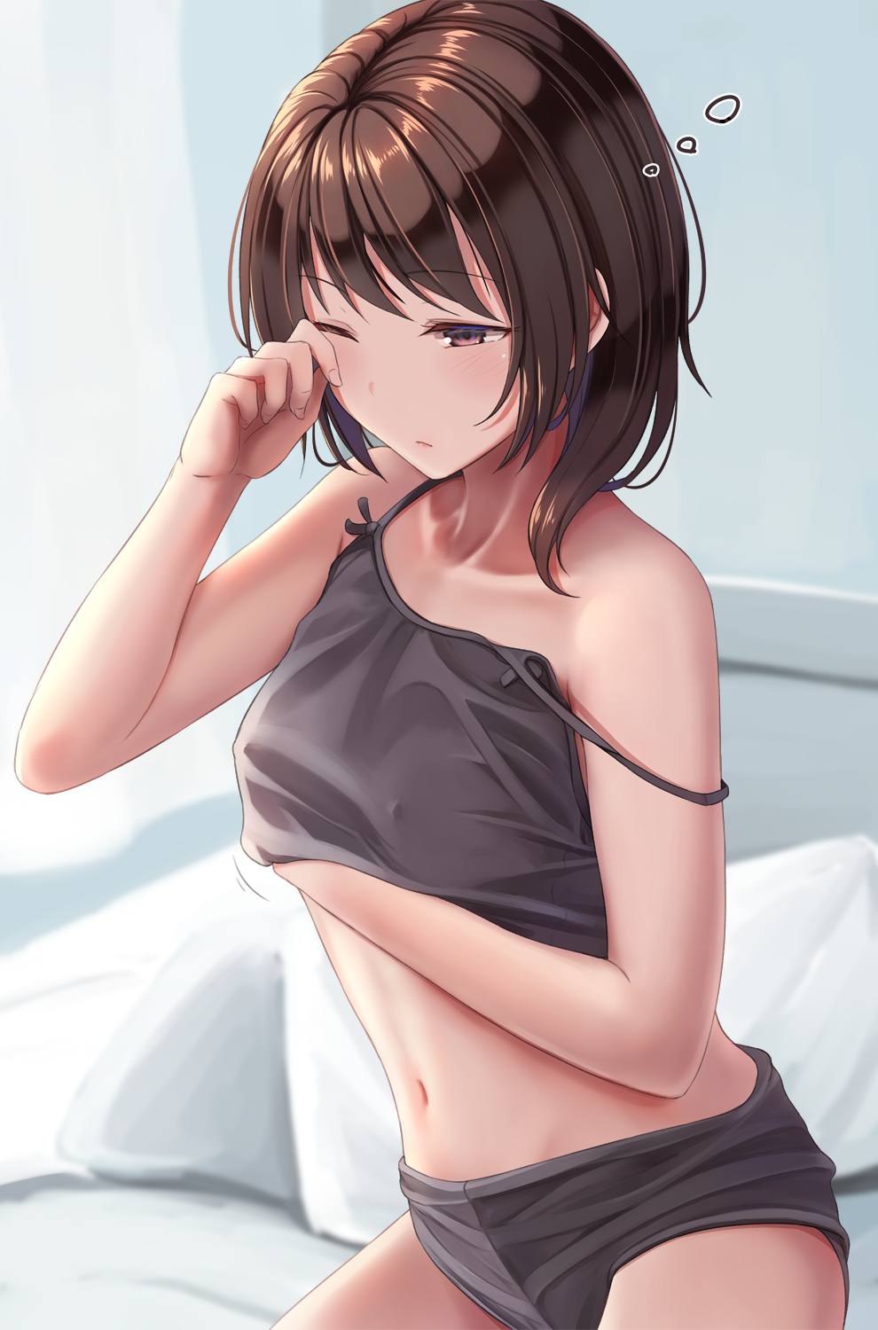 1girl alternate_costume asymmetrical_hair black_camisole black_shorts blurry blurry_background blush breasts brown_hair camisole closed_mouth commentary covered_nipples cowboy_shot day eyebrows_visible_through_hair fumei_(mugendai) half-closed_eye hand_under_clothes highres indoors navel on_bed one_eye_closed pillow rubbing_eyes short_hair short_shorts shorts sleepwear sleepy sleeveless small_breasts solo stomach strap_slip sunlight touhou usami_renko violet_eyes waking_up