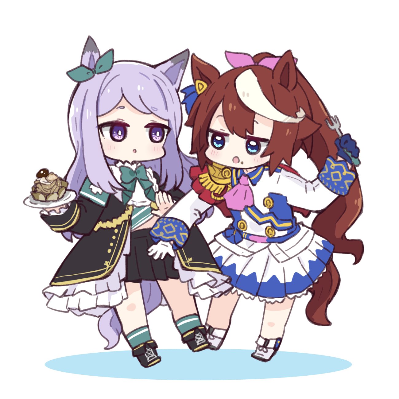 2girls :o animal_ears asymmetrical_gloves black_footwear black_jacket black_skirt blue_eyes blue_gloves blush boots bow brown_hair chibi colored_shadow commentary_request ear_ribbon food food_on_face fork frilled_sleeves frills gloves green_bow green_legwear green_ribbon hair_ribbon highres hitomiz holding holding_fork holding_saucer horse_ears horse_girl horse_tail jacket mejiro_mcqueen_(umamusume) mismatched_gloves multicolored_hair multiple_girls parted_lips pink_ribbon pleated_skirt ponytail purple_hair ribbon saucer shadow skirt socks streaked_hair tail tokai_teio_(umamusume) umamusume violet_eyes white_background white_footwear white_gloves white_hair white_jacket white_skirt