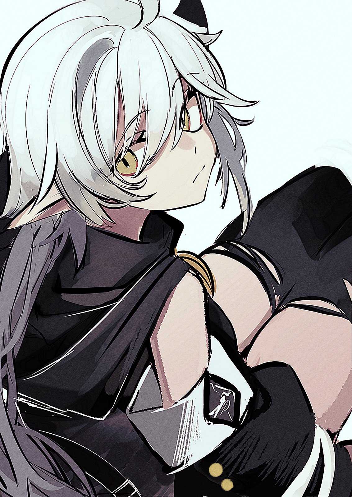 1girl ahoge arknights black_shirt black_sleeves detached_sleeves eyebrows_visible_through_hair feet_out_of_frame grey_hair hair_between_eyes highres hood hood_down long_hair looking_at_viewer looking_back pointy_ears shirt simple_background sitting solo tetuw tomimi_(arknights) white_background yellow_eyes