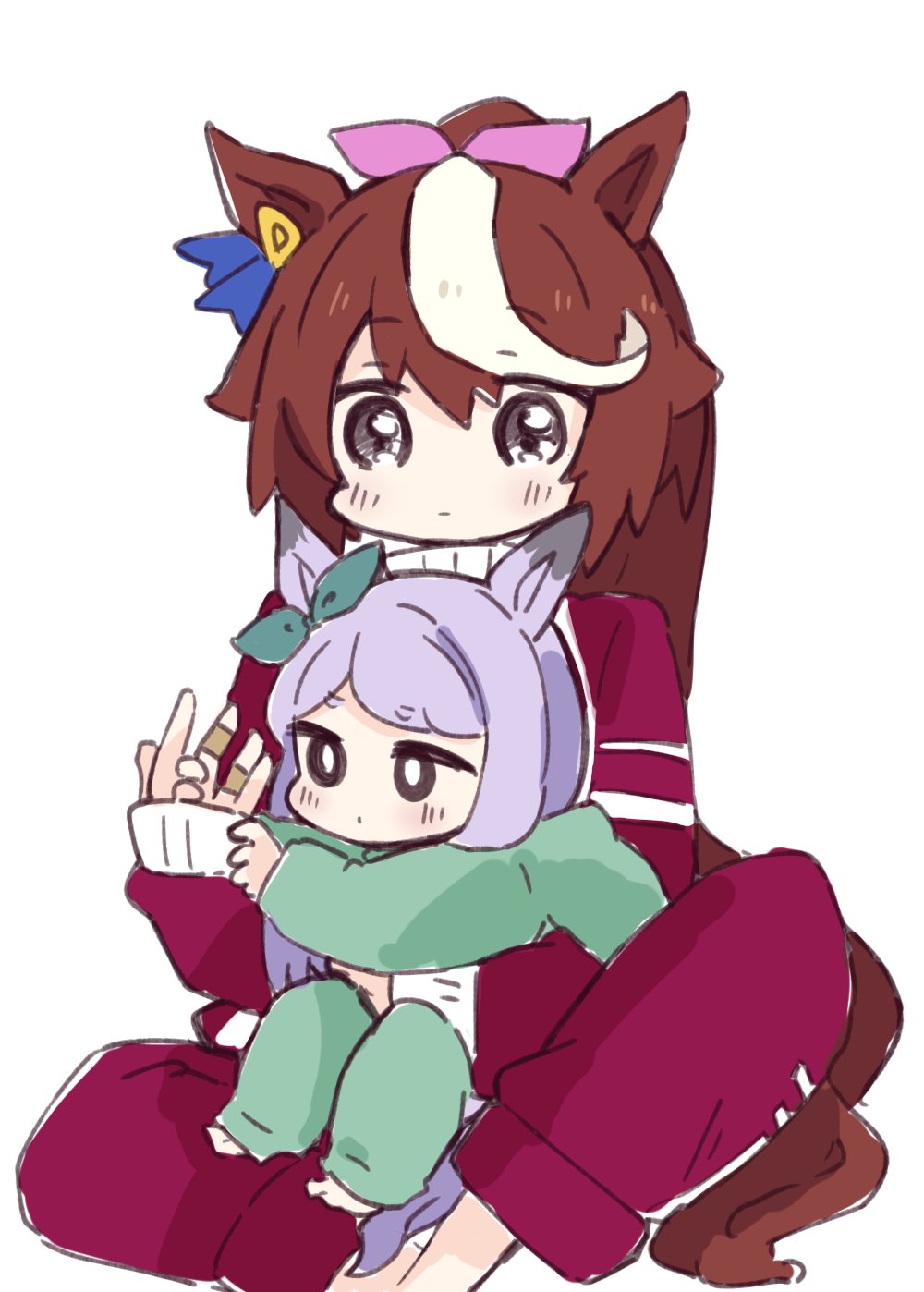 2girls animal_ears bandaid bandaid_on_hand bangs blush brown_hair commentary ear_ribbon eyebrows_visible_through_hair feet_out_of_frame green_pants green_ribbon green_shirt grey_eyes hair_between_eyes hair_ribbon highres hitomiz horse_ears horse_girl horse_tail jacket long_sleeves looking_at_viewer mejiro_mcqueen_(umamusume) multicolored_hair multiple_girls pants pink_ribbon ponytail purple_hair purple_jacket purple_pants ribbon shirt simple_background sleeves_past_wrists streaked_hair symbol-only_commentary tail tokai_teio_(umamusume) track_jacket track_pants track_suit umamusume white_background white_hair younger