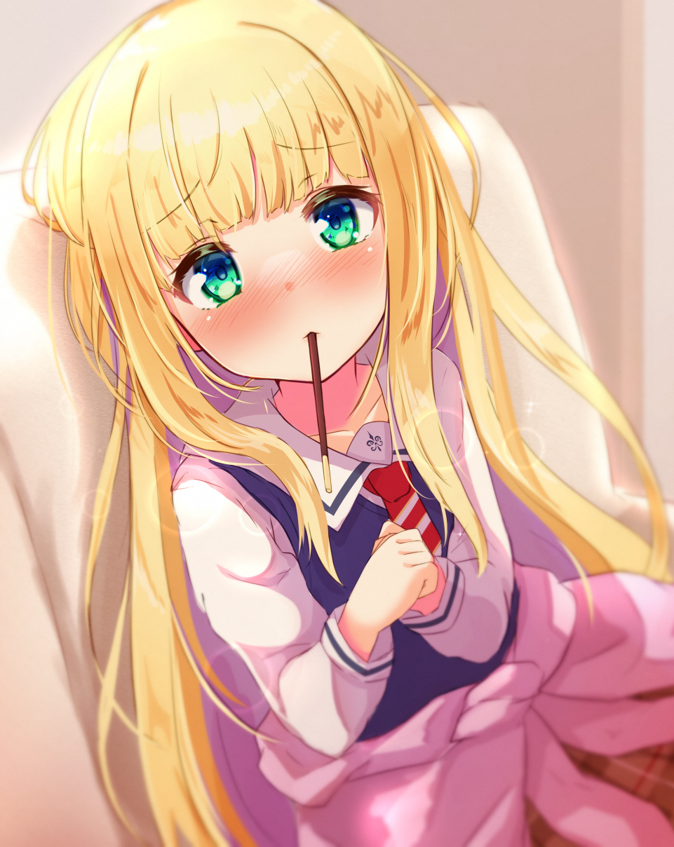 1girl bangs baram blonde_hair blunt_bangs blush brown_skirt closed_mouth clothes_around_waist collared_shirt commentary_request diagonal-striped_neckwear diagonal_stripes eyebrows_visible_through_hair food food_in_mouth green_eyes highres long_hair long_sleeves looking_at_viewer mononobe_alice mouth_hold necktie nijisanji nose_blush own_hands_together plaid plaid_skirt pocky red_neckwear school_uniform shirt skirt solo striped sweater_vest very_long_hair virtual_youtuber white_shirt
