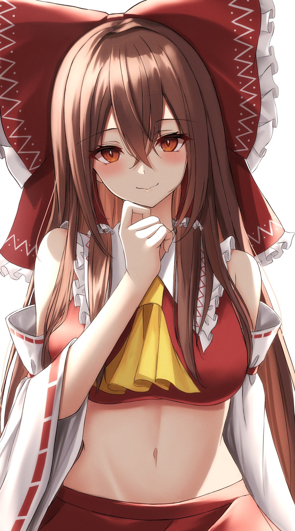 .me 1girl ascot bare_shoulders bow breasts brown_eyes collar detached_sleeves hair_bow hair_tubes hakurei_reimu hand_on_own_chin highres large_breasts long_hair midriff navel nontraditional_miko red_bow red_shirt ribbon-trimmed_sleeves ribbon_trim shirt sidelocks simple_background sleeveless smile solo stomach touhou upper_body white_background white_collar yellow_neckwear