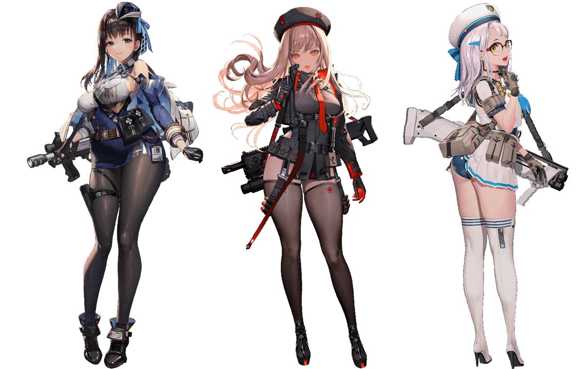 3girls ass ass_visible_through_thighs bag bangs bare_shoulders belt black_footwear black_hair black_jacket black_legwear blue_panties blue_ribbon blush breasts brown_hair character_request clothes_lift dress glasses gloves green_eyes gun hair_between_eyes hair_ornament hairclip hat high_heels holding holding_gun holding_weapon jacket large_breasts leg_belt long_hair long_sleeves looking_at_viewer looking_back multicolored_clothes multiple_girls necktie nikke_the_goddess_of_victory off_shoulder panties pantyhose parted_bangs red_eyes red_necktie ribbon shirt sideboob silver_hair simple_background skindentation skirt skirt_lift small_breasts smile standing tearlessflower thigh-highs underwear violet_eyes weapon weapon_on_back white_background white_footwear white_legwear white_shirt white_skirt