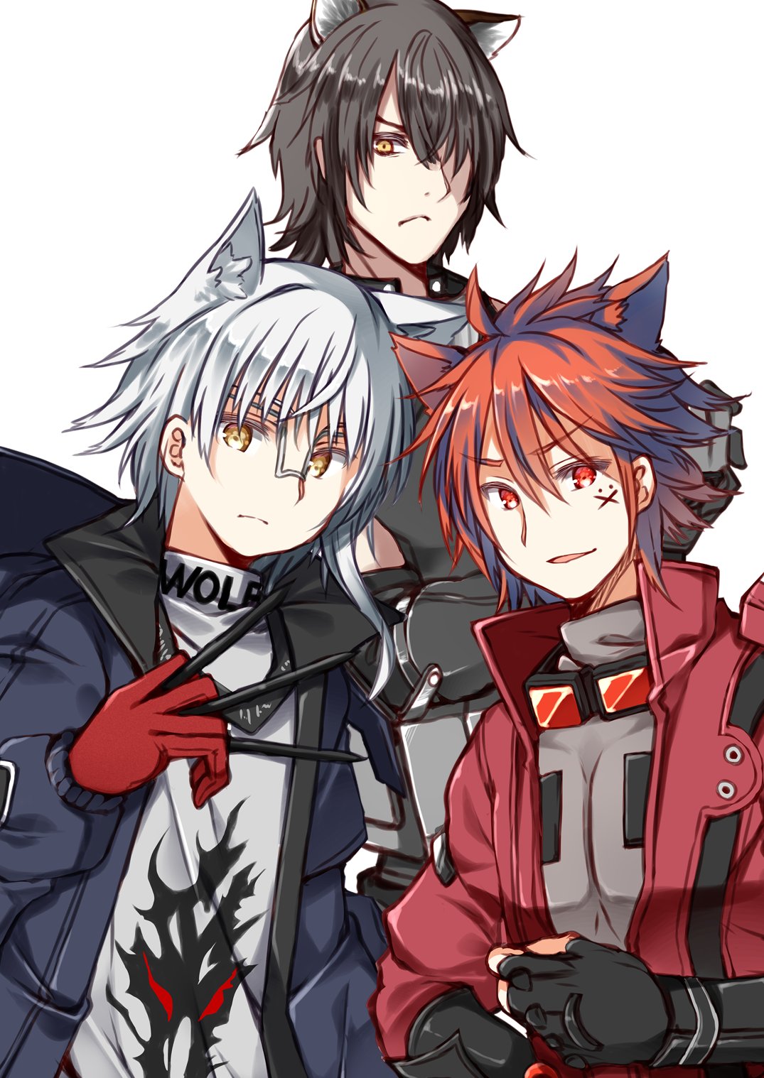 3boys animal_ears aosta_(arknights) arknights black_hair broca_(arknights) cat_boy cat_ears chiave_(arknights) eyebrows_visible_through_hair fox_boy fox_ears gloves hasumi_takashi highres jacket looking_at_viewer multiple_boys red_eyes red_gloves red_jacket redhead shirt short_hair simple_background white_background white_hair white_shirt wolf_boy wolf_ears yellow_eyes