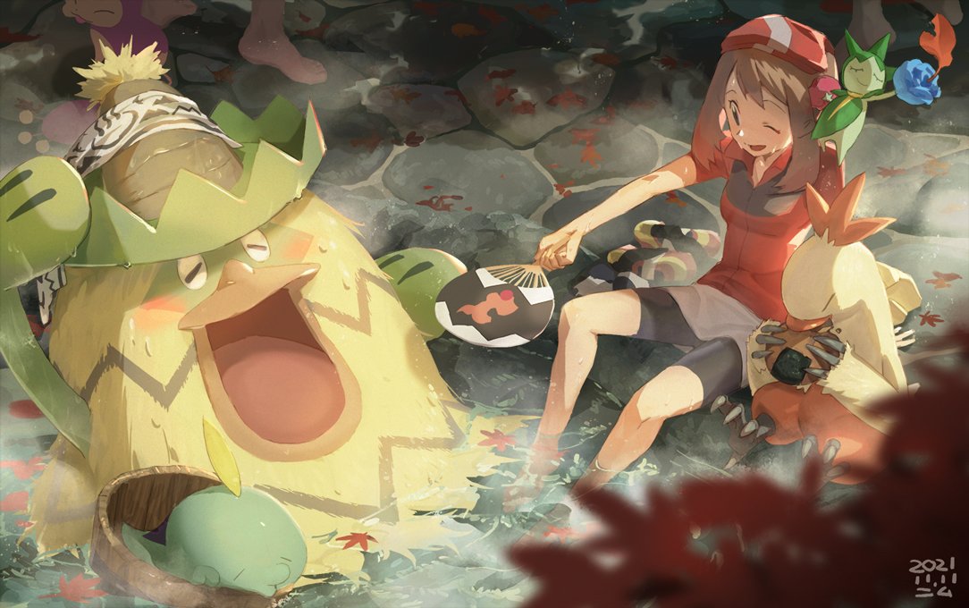 1girl 2others autumn_leaves bangs bike_shorts blurry brown_hair bucket combusken gulpin holding holding_paddle knees leaf ludicolo may_(pokemon) multiple_others one_eye_closed onsen paddle pokemon pokemon_(creature) pokemon_(game) pokemon_rse ponimu red_bandana red_shirt roselia shirt shoes shoes_removed short_sleeves sitting skirt skitty smile soaking_feet symbol-only_commentary water wet white_skirt