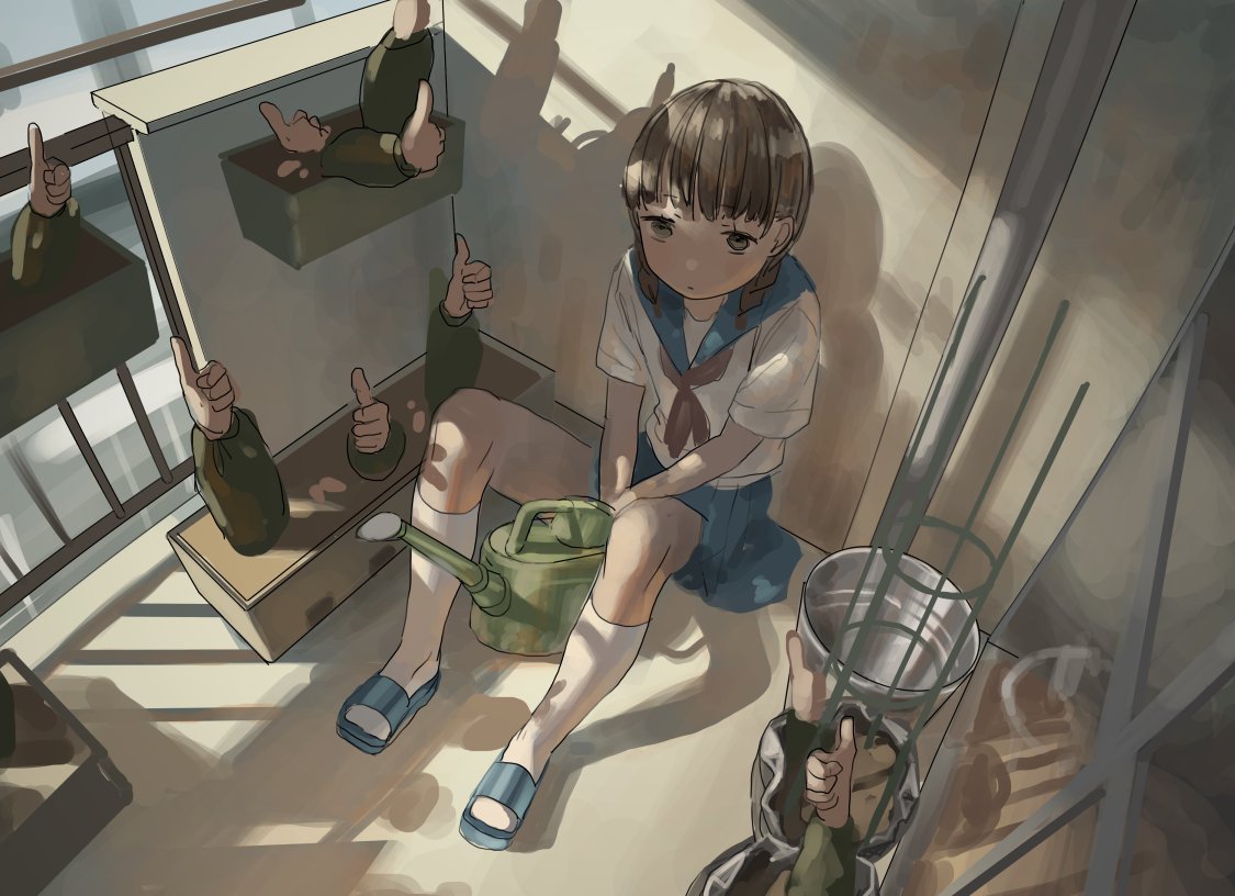 1girl balcony bangs blue_footwear blue_skirt braid brown_eyes brown_hair bucket closed_mouth dai3syougen dirt flower_pot from_above frown hands looking_up on_floor original sailor_collar school_uniform shirt shoes short_sleeves sitting skirt solo thumbs_up twin_braids white_legwear white_shirt