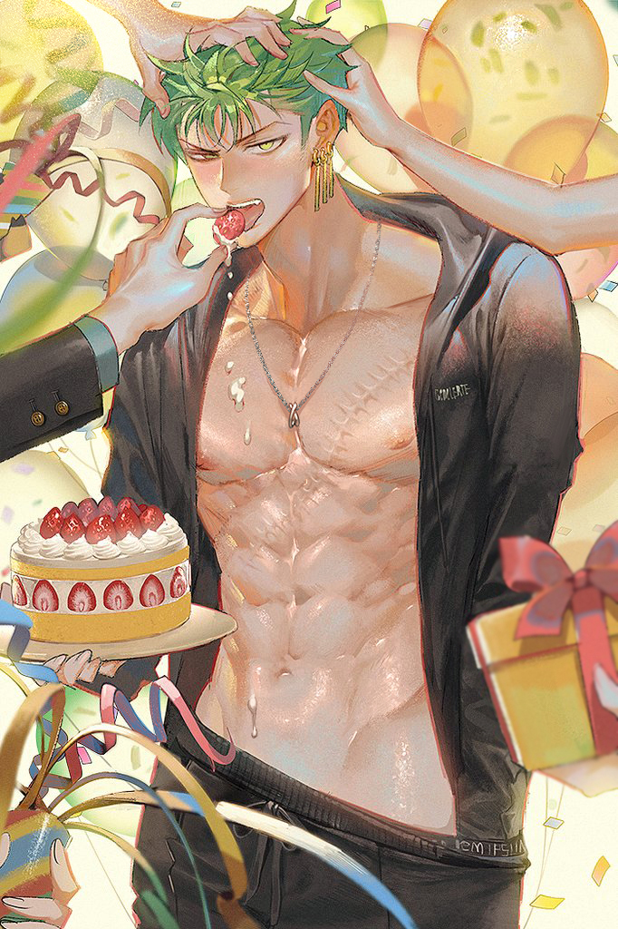 1boy abs balloon bare_pectorals birthday_cake black_shirt box cake clothes_pull confetti cream cream_on_body earrings feeding food fruit gift gift_box green_eyes green_hair happy_birthday headpat holding holding_cake holding_food jewelry looking_at_viewer multiple_hands navel necklace nipples one_piece open_clothes open_mouth open_shirt pants pants_pull pectorals roronoa_zoro runa_(artist) scar scar_on_chest shirt short_hair sideburns strawberry streamers toned toned_male tongue tongue_out