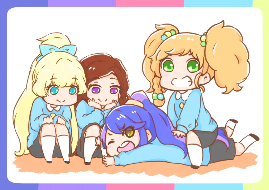 4girls aikatsu!_(series) aikatsu_stars! black_footwear black_skirt blonde_hair blue_bow blue_eyes blue_shirt bow brown_hair closed_mouth collared_shirt commentary_request grin hair_bow hitomiz kasumi_yozora kindergarten_uniform kisaragi_tsubasa knees_up light_brown_hair long_sleeves looking_at_viewer lying multiple_girls nikaidou_yuzu on_stomach one_eye_closed open_mouth ponytail puffy_long_sleeves puffy_sleeves purple_hair shiratori_hime shirt shoes sitting sitting_on_person skirt smile socks teeth twintails upper_teeth violet_eyes white_legwear