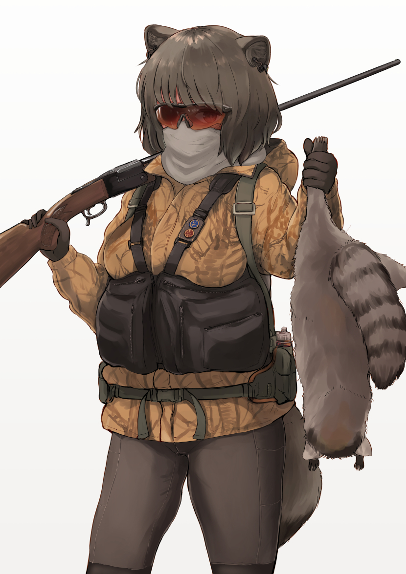 1girl animal_ears batta_(kanzume_quality) black_hair gloves goggles gun holding hunting jacket mask original raccoon rifle solo weapon white_background