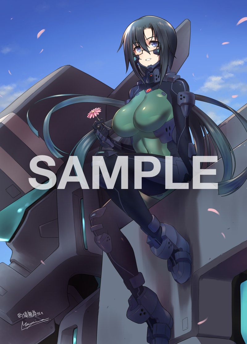 1girl bangs black_hair blue_eyes breasts clouds commission covered_navel f-4j_gekishin floating_hair flower fortified_suit glasses holding holding_flower komaki_sayoko large_breasts long_hair looking_down looking_up makishima_azusa mecha muvluv muvluv_alternative parted_lips petals pilot_suit pink_flower sample signature sitting skeb_commission skin_tight sky smile tactical_surface_fighter very_long_hair visor watermark