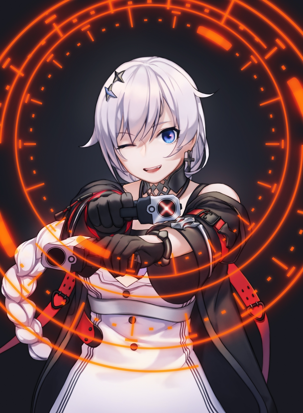 1girl :d aiming_at_viewer bai_lan_gen(1845106313) bangs black_background black_gloves black_jacket blue_eyes braid braided_ponytail dress dual_wielding earrings gloves gun hair_between_eyes hair_ornament handgun highres holding holding_gun holding_weapon holographic_interface honkai_(series) honkai_impact_3rd jacket jewelry kallen_kaslana kallen_kaslana_(sin_hunter) long_sleeves looking_at_viewer one_eye_closed open_mouth pistol sleeveless sleeveless_dress smile solo weapon white_dress white_hair