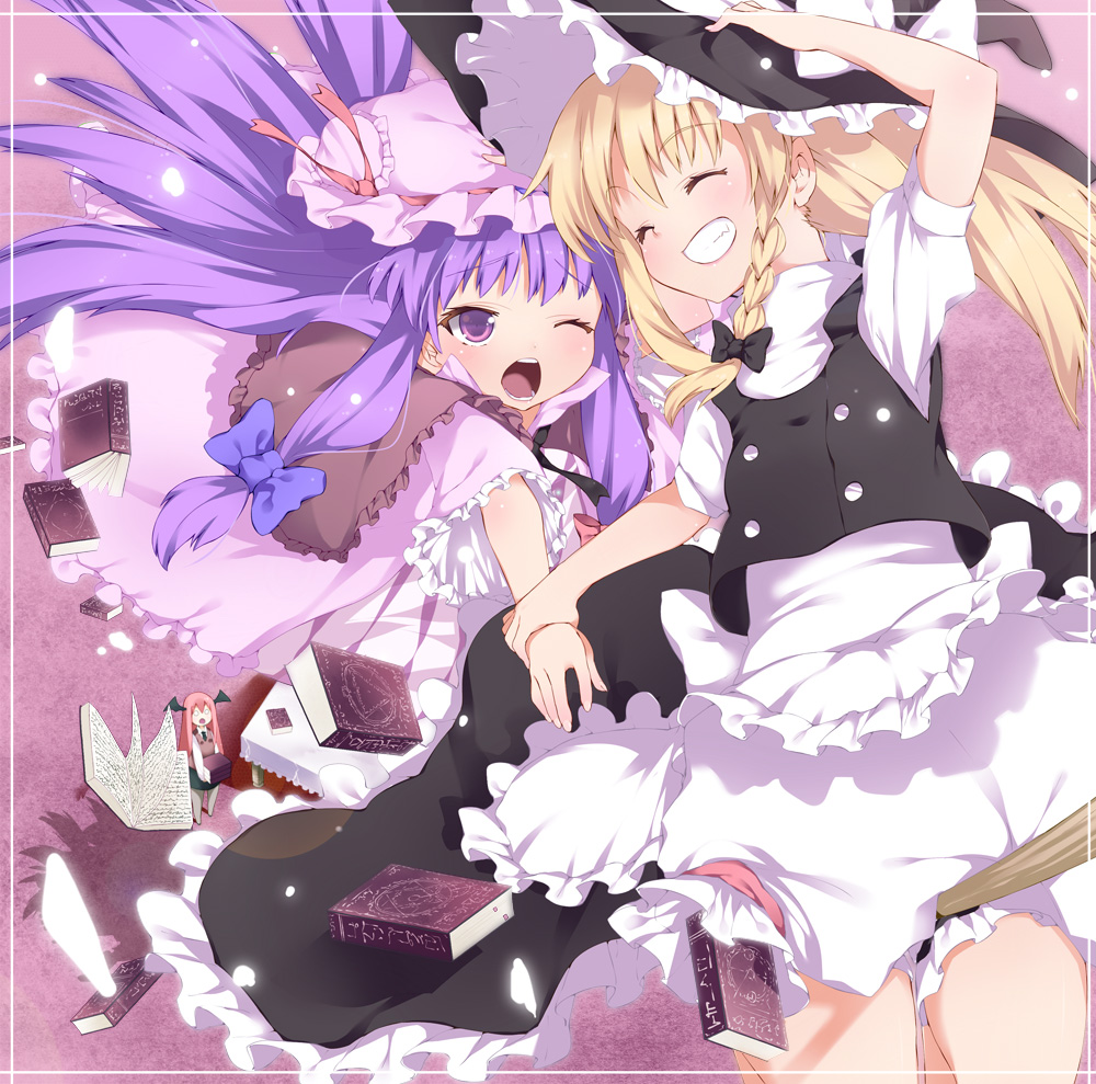 3girls apron bad_id blonde_hair book bow broom broom_riding chibi closed_eyes dress from_above grin hair_bow hand_holding hand_on_hat head_wings headwings kirisame_marisa koakuma multiple_girls patchouli_knowledge purple_hair smile subachi touhou wince wink wrist_grab