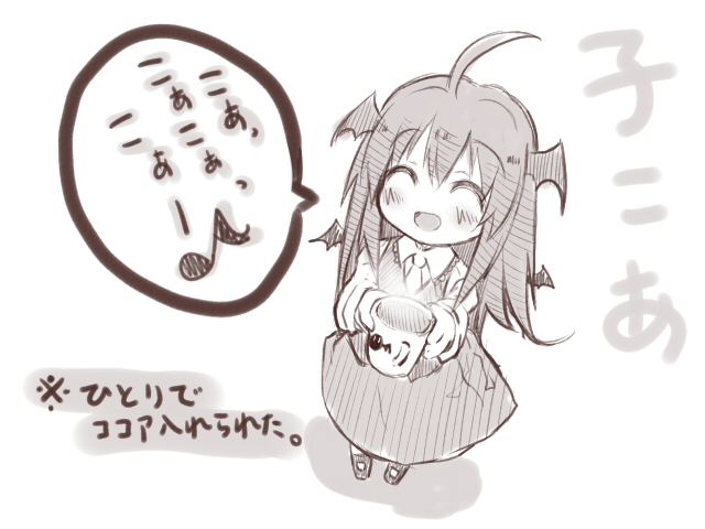 ^_^ ahoge bat_wings blush chibi closed_eyes cocoa cup from_above happy head_wings headwings koa_(phrase) koakuma long_hair monochrome mug musical_note necktie open_mouth pun rondo_umigame sketch smile solo steam touhou translated vest wings young