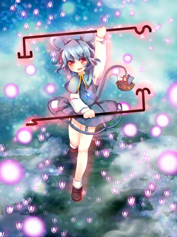 basket danmaku dowsing_rod enone floating grey_hair jewelry midair mouse mouse_ears mouse_tail nazrin open_mouth outstretched_arms pendant red_eyes short_hair smile standing_on_one_leg tail touhou