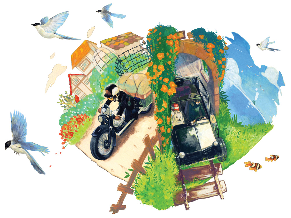 bird car dog fence fish flower goggles grass hat hermes house kino kino_no_tabi komagarita left-hand_drive motor_vehicle motorcycle ocean railroad_tracks reverse_trap riku_(kino_no_tabi) road shizu vehicle