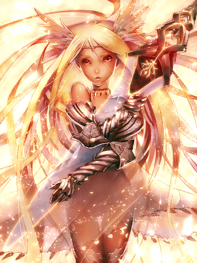 armor armored_dress bare_shoulders blonde_hair head_wings headwings jewelry lips long_hair lord_of_vermilion necklace red_eyes sword tako_(pixiv8535) valkyrie valkyrie_(lord_of_vermilion) very_long_hair weapon