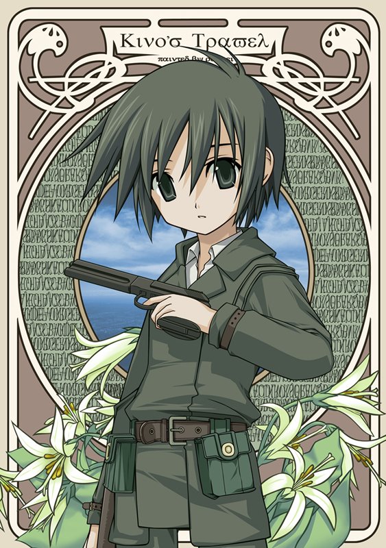 art_nouveau belt black_eyes black_hair card card_(medium) coat flower greek gun handgun kino kino_no_tabi lotus pistol pouch ranguage rankei reverse_trap short_hair tomboy translated weapon