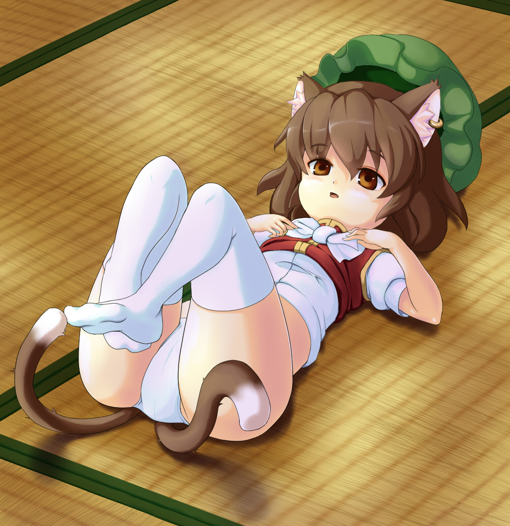 bad_hands bad_id brown_eyes brown_hair cat_ears cat_tail chen child earrings feet hat jewelry multiple_tails panties short_hair sipu solo tail thigh-highs thighhighs touhou underwear