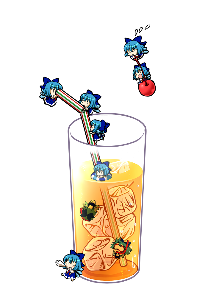 &gt;_&lt; 6+girls blue_hair bow cherry chibi cirno diving dress drinking_straw floating food fruit goggles hair_bow holding ice_cube innertube minigirl multiple_girls multiple_persona open_mouth short_hair simple_background sleeping smile snorkel socha touhou white_background |_|