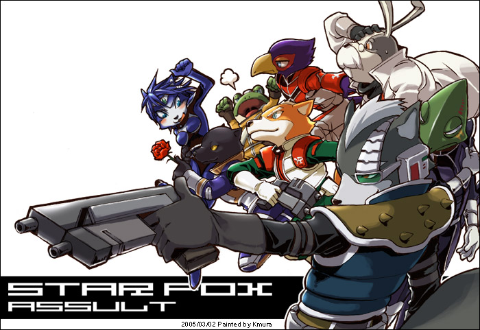 armor blue_eyes blush falco_lombardi flower fox_mccloud gloves gun homa_kura krystal leon_powalski nintendo panther_caroso peppy_hare rose scouter slippy_toad smile star_fox uniform weapon wolf_o'donnell