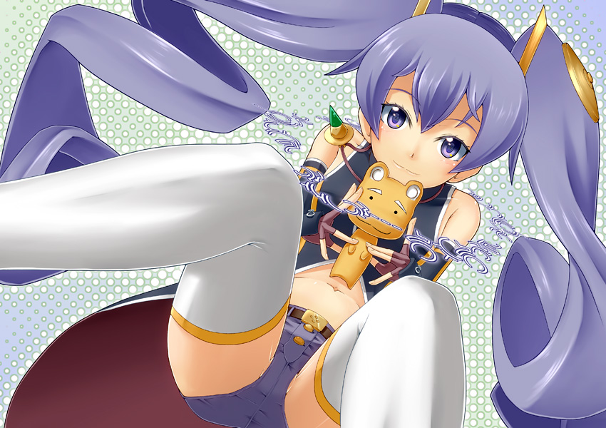 ar_tonelico_iii beniimo blue_eyes blue_hair cocona_vatel denim denim_shorts elbow_gloves fingerless_gloves gergo gloves gust hair_ornament hymmnos jewelry long_hair midriff navel necklace pendant shorts sleeveless smile solo stuffed_animal stuffed_toy thigh-highs thighhighs translated twintails white_legwear white_thighhighs