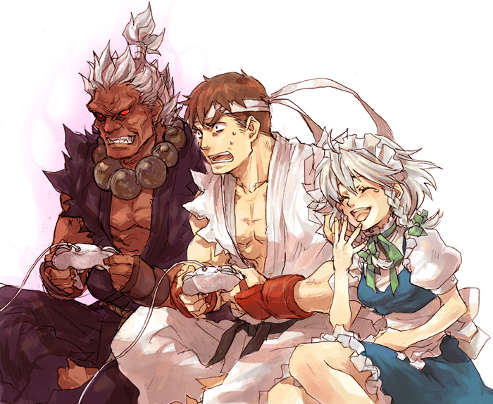 2boys abs beads controller crossover dark_skin dougi fingerless_gloves frills game_controller gamepad gloves gouki hachimaki headband indian_style izayoi_sakuya laughing m.u.g.e.n maid maid_headdress multiple_boys muscle no_pupils playing_games prayer_beads red_hair ribbon ryuu_(street_fighter) shika_(pixiv) shin_gouki short_hair silver_hair sitting street_fighter topknot touhou video_game