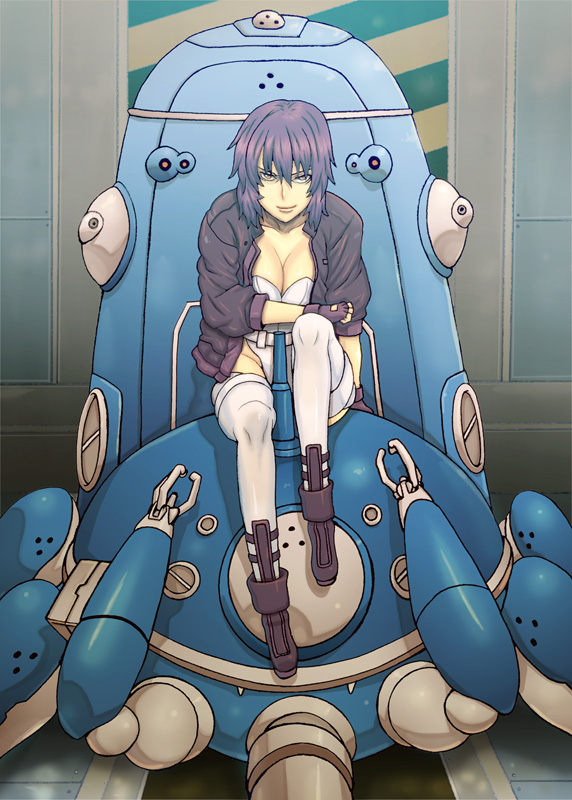 breasts cleavage cyborg fingerless_gloves fujii_toshiaki ghost_in_the_shell ghost_in_the_shell_stand_alone_complex gloves jacket kusanagi_motoko mecha purple_hair short_hair tachikoma thigh-highs thighhighs