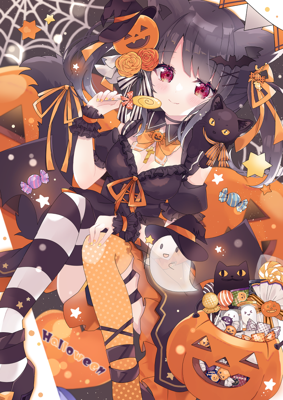 1girl animal_ears aoi_yugina asymmetrical_legwear bangs bat_hair_ornament black_choker black_dress black_hair black_legwear bow candy cat_ears cat_girl cat_tail choker closed_mouth commentary dress english_text fang food frilled_cuffs frilled_dress frills ghost hair_ornament halloween halloween_bucket highres holding holding_candy holding_food horse_girl jack-o'-lantern_ornament lollipop looking_at_viewer mismatched_legwear orange_bow orange_legwear original polka_dot polka_dot_legwear red_eyes short_dress short_hair short_sleeves silk sitting smile solo spider_web star_(symbol) string_of_flags striped striped_legwear tail twintails
