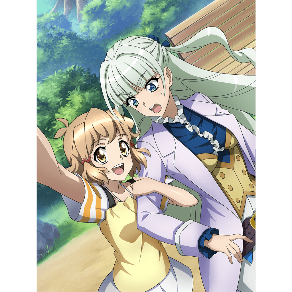 2girls arm_grab artist_request blonde_hair blue_eyes blush breasts brown_eyes eyebrows_visible_through_hair formal green_hair long_hair looking_at_another looking_at_viewer multiple_girls official_art open_mouth outdoors pants saint-germain_(symphogear) selfie senki_zesshou_symphogear shiny shiny_hair short_hair small_breasts smile suit sweat tachibana_hibiki_(symphogear) yuri