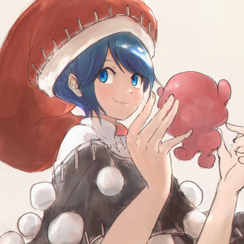 1girl :3 bangs beige_background black_capelet blob blue_eyes blue_hair capelet closed_mouth doremy_sweet floating floating_object hands_up hat light_blush looking_at_viewer looking_to_the_side nightcap pom_pom_(clothes) red_headwear shishi_osamu short_hair sidelocks simple_background smirk solo swept_bangs touhou turtleneck upper_body