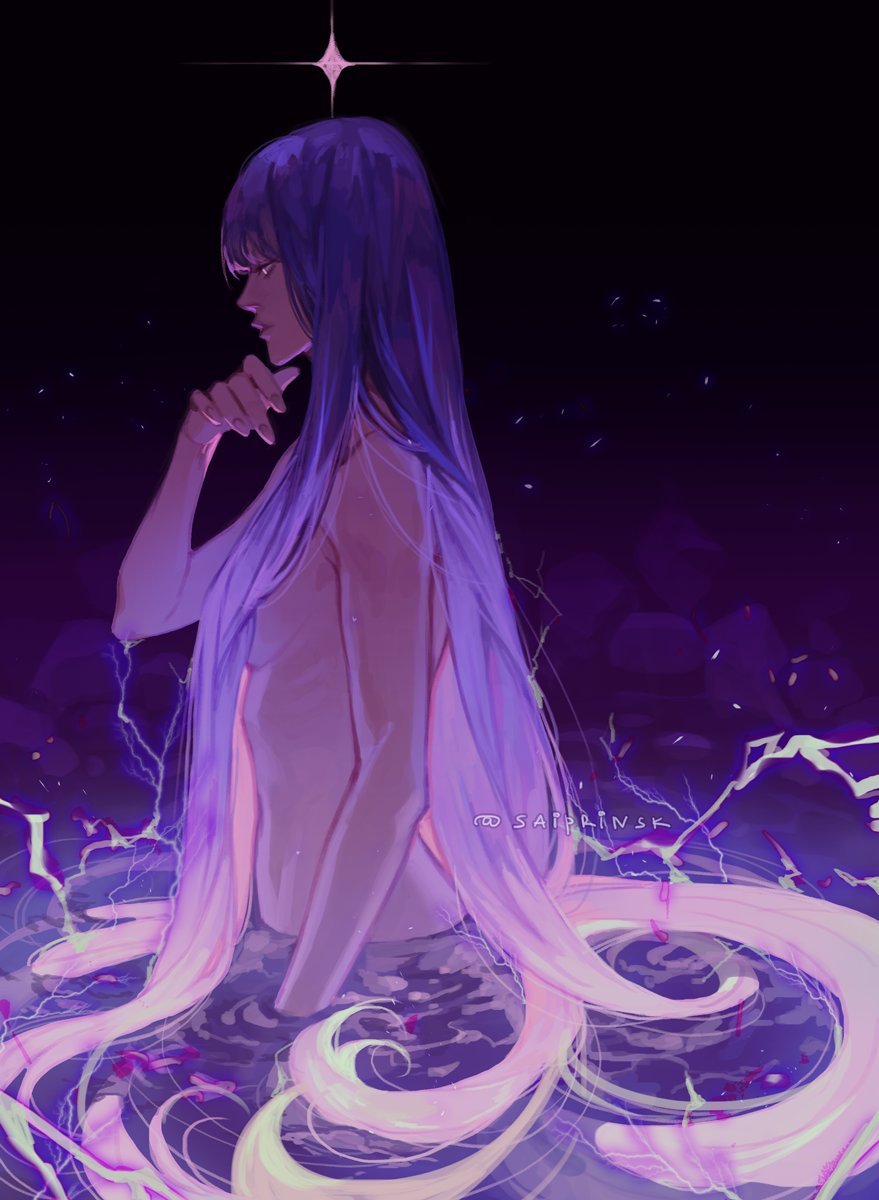 1girl bangs black_background breasts commentary completely_nude electricity genshin_impact glowing glowing_hair hair_censor hand_up highres long_hair nude partially_submerged purple_hair purple_theme raiden_shogun russian_commentary saiprin sideboob sidelocks solo very_long_hair violet_eyes