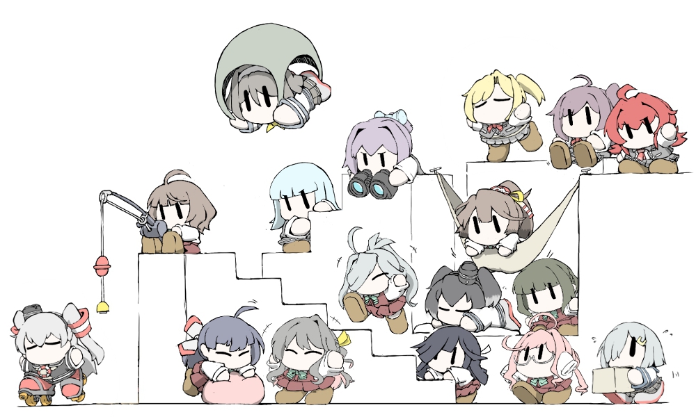 6+girls ^_^ ahoge amatsukaze_(kancolle) arashi_(kancolle) asashimo_(kancolle) asymmetrical_bangs bangs binoculars black_dress black_hair black_headwear black_sailor_collar black_skirt black_vest blonde_hair blouse blue_bow blue_bowtie blue_hair blue_ribbon blunt_bangs bow bowtie box brown_footwear brown_hair chibi closed_eyes commentary_request dancing double_bun dress dress_shirt fishing_rod floating fujinami_(kancolle) glasses grey-framed_eyewear grey_footwear grey_neckerchief grey_skirt hagikaze_(kancolle) hair_ornament hair_over_one_eye hair_ribbon hairband hairclip halterneck hamakaze_(kancolle) hat hatsukaze_(kancolle) hayashimo_(kancolle) hime_cut holding kantai_collection kishinami_(kancolle) long_hair long_sleeves lying maikaze_(kancolle) makigumo_(kancolle) medium_hair messy_hair multiple_girls musical_note neckerchief no_mouth one_side_up open_clothes open_vest pillow pink_hair pleated_skirt ponytail purple_dress purple_hair red_footwear red_neckerchief redhead ribbon roller_skates sailor_collar sailor_dress school_uniform shiranui_(kancolle) shirt shoes short_hair side_ponytail silver_hair simple_background sitting skates skirt sleeping stairs tanikaze_(kancolle) task_(s_task80) tokitsukaze_(kancolle) twintails two_side_up uniform upper_body vest walking wavy_hair white_background white_blouse white_dress white_hairband white_ribbon white_shirt windsock yellow_neckerchief |_|