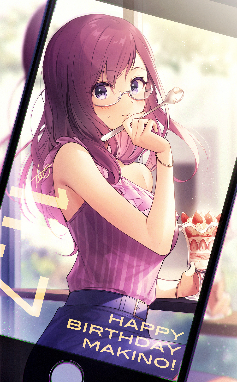 1girl 1other asymmetrical_clothes blurry blurry_background blush breasts cellphone dated depth_of_field eyebrows_visible_through_hair happy_birthday highres holding holding_spoon idolmaster idolmaster_cinderella_girls indoors juugonichi_(wheeliex2) looking_at_viewer medium_breasts parfait phone phone_screen pov purple_hair semi-rimless_eyewear shirt single_bare_shoulder sleeveless sleeveless_shirt solo_focus spoon straight_hair striped striped_shirt taking_picture violet_eyes yagami_makino