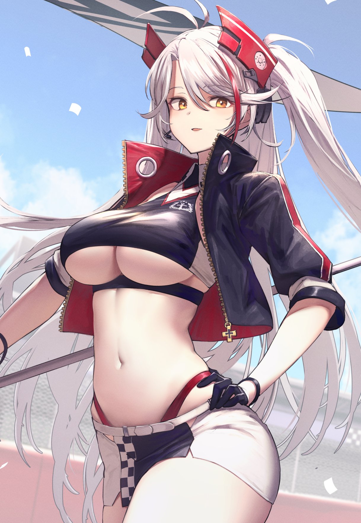 1girl ahoge ass azur_lane bangs black_gloves black_jacket breasts eyebrows_visible_through_hair flag gloves headgear highres holding holding_flag itaco jacket large_breasts long_hair looking_at_viewer miniskirt multicolored_hair navel official_alternate_costume open_mouth panties prinz_eugen_(azur_lane) prinz_eugen_(final_lap)_(azur_lane) racequeen red_panties redhead silver_hair skirt smile solo standing stomach streaked_hair thighs thong two_side_up under_boob underwear very_long_hair yellow_eyes