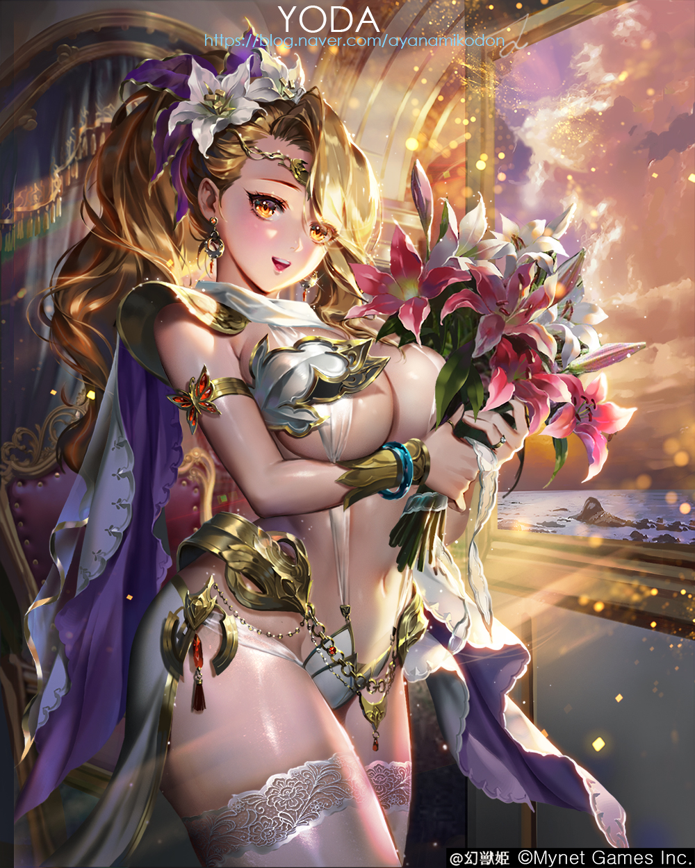 1girl armchair armlet armor artist_name bangs bikini_armor blonde_hair bouquet bracelet breasts butterfly_ornament cape center_opening chair cowboy_shot curtains diadem earrings flower gem hair_flower hair_ornament highres holding holding_bouquet indoors jewelry lace-up_legwear large_breasts light_particles long_hair looking_at_viewer maboroshi_juuhime navel orange_eyes pauldrons ponytail purple_cape red_flower revealing_clothes ribbon ring see-through shoulder_armor showgirl_skirt side_slit slingshot_swimsuit smile solo swept_bangs swimsuit twilight two-sided_cape two-sided_fabric two-tone_cape web_address white_cape white_flower window yoda_(ayanamikodon)