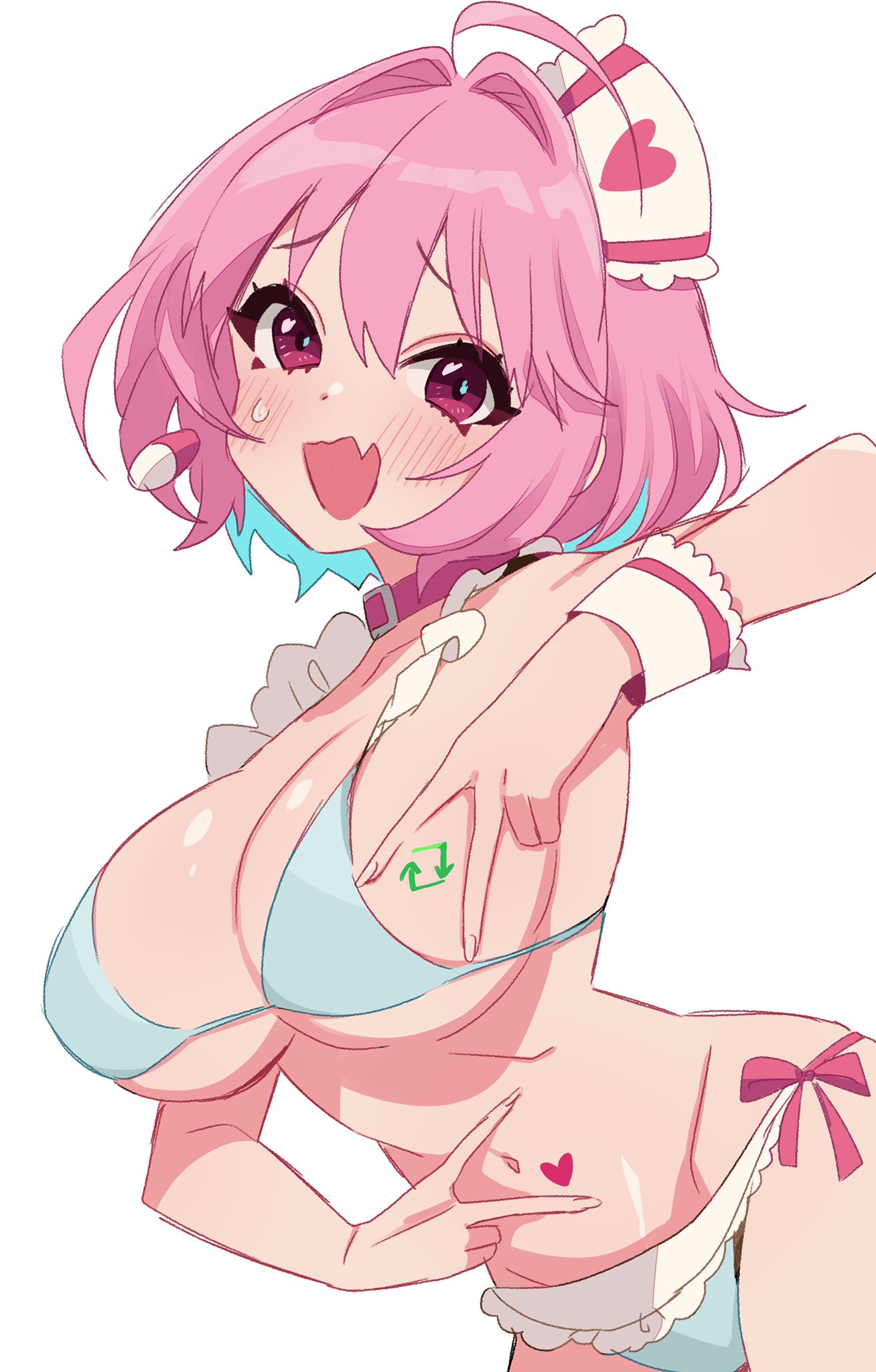 1girl ahoge bikini blue_bikini blue_hair blush breasts collar earrings hair_intakes highres idolmaster idolmaster_cinderella_girls jewelry large_breasts like_and_retweet looking_at_viewer multicolored_hair navel open_mouth pill_earrings pink_collar pink_eyes pink_hair saito_katuo simple_background smile solo swimsuit twitter two-tone_hair white_background wrist_cuffs yumemi_riamu