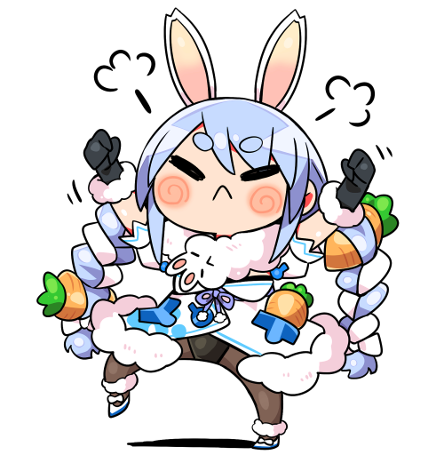 1girl animal_ears arms_up bangs black_gloves black_leotard blue_hair blush_stickers bow braid brown_legwear carrot_hair_ornament chibi closed_eyes closed_mouth detached_sleeves don-chan_(usada_pekora) dress eyebrows_visible_through_hair facing_viewer food-themed_hair_ornament full_body fur-trimmed_dress fur-trimmed_gloves fur_trim gloves hair_bow hair_ornament hololive kanikama leotard long_hair multicolored_hair pantyhose puffy_short_sleeves puffy_sleeves rabbit_ears shadow shoes short_eyebrows short_sleeves solo standing standing_on_one_leg thick_eyebrows twin_braids twintails two-tone_hair usada_pekora very_long_hair virtual_youtuber white_background white_bow white_dress white_footwear white_hair white_sleeves