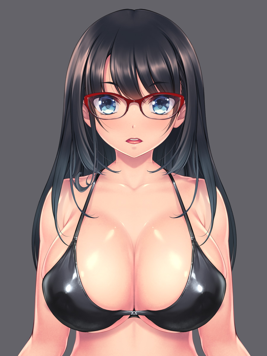 1girl amei_sumeru bangs bikini black_bikini black_hair blue_eyes blush breasts collarbone eyebrows_visible_through_hair glasses grey_background highres large_breasts long_hair looking_at_viewer original parted_lips red-framed_eyewear shiny shiny_clothes shiny_skin shiny_swimsuit simple_background skindentation solo swimsuit under_boob upper_body