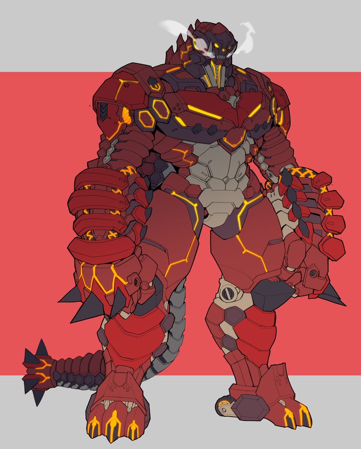 armor catball1994 clawed_boots clenched_hands ex_red_king full_armor kaijuu mask mechanical_parts monster neon_lights neon_trim orange_eyes original pectorals power_armor red_armor red_eyes red_king_(ultra_series) redesign sharp_teeth skull_mask solo spiked_knuckles spiked_tail steam tail teeth tusks ultra_series ultraman_(1st_series) wheel