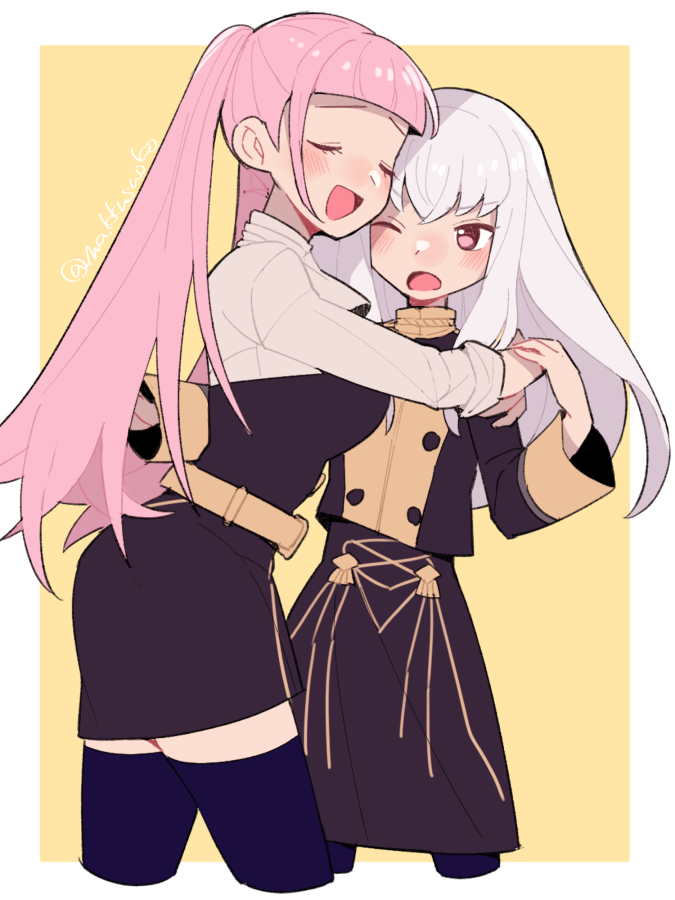 2girls bangs belt black_legwear blush breasts buttons closed_eyes do_m_kaeru eyebrows_visible_through_hair fire_emblem fire_emblem:_three_houses garreg_mach_monastery_uniform hair_between_eyes height_difference hilda_valentine_goneril hug large_breasts long_hair long_sleeves looking_at_another looking_to_the_side lysithea_von_ordelia multiple_girls one_eye_closed open_mouth pink_eyes pink_hair sleeves_rolled_up smile thigh-highs tongue twintails twitter_username uniform very_long_hair white_hair yellow_belt zettai_ryouiki