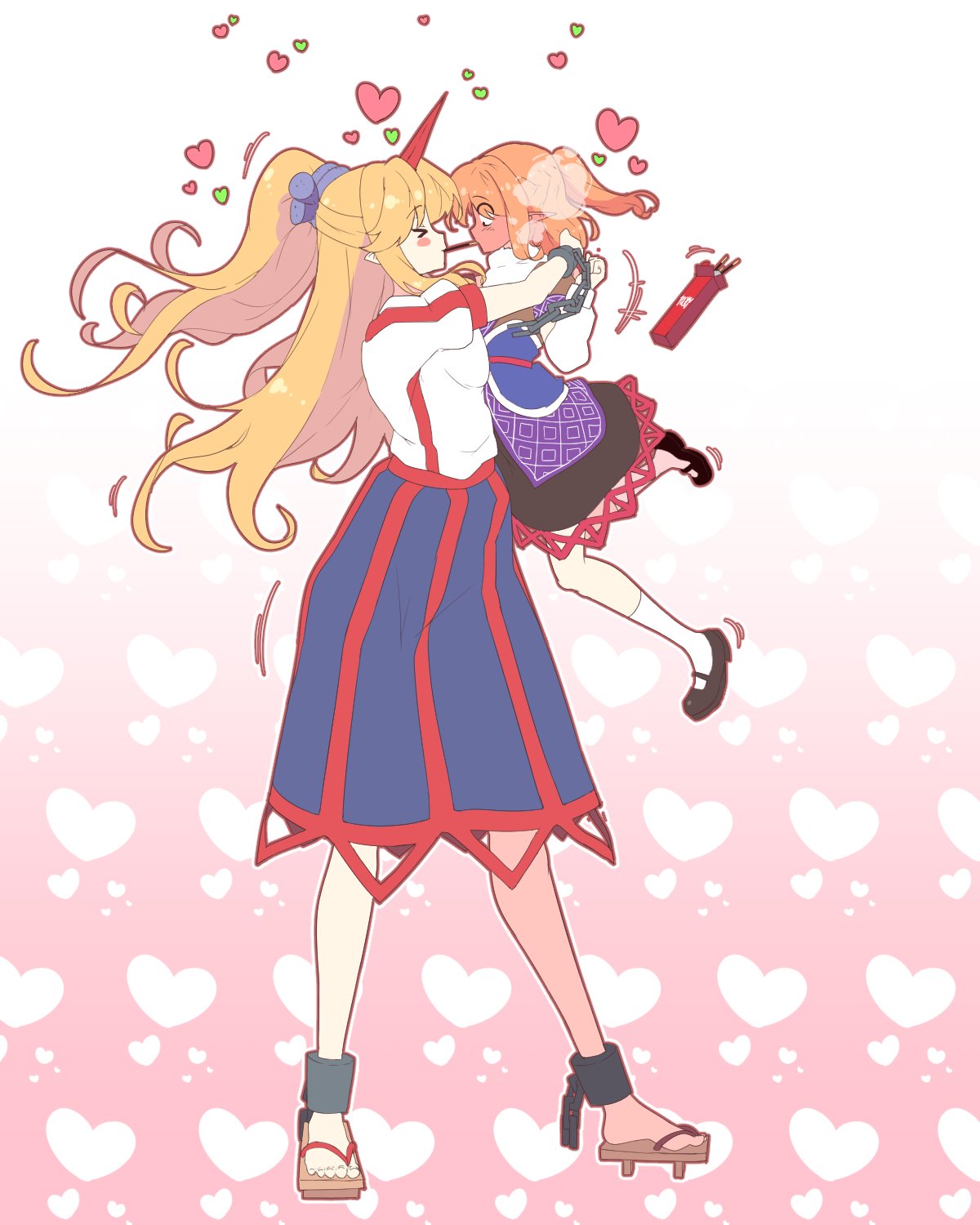 &gt;_&lt; 2girls arm_warmers bangs black_footwear blonde_hair blue_skirt blush brown_jacket chain closed_eyes couple cuffs embarrassed food full-face_blush full_body geta gradient gradient_background hands_on_hips heart heart_background highres horns hoshiguma_yuugi jacket lace_trim lifting_person long_hair looking_at_another mary_janes mizuhashi_parsee multiple_girls oni pocky pocky_day pointy_ears ponytail puffy_sleeves red_eyes sandals shackles shirt shoes short_hair sidelocks single_horn skirt socks standing sunyup toenails touhou white_legwear white_shirt yuri