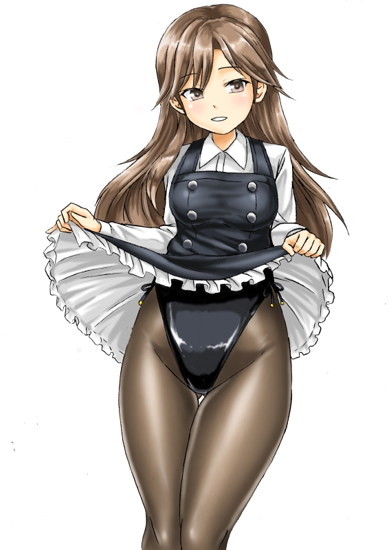 1girl arashio_(kancolle) black_leotard breasts brown_eyes brown_hair brown_legwear clothes_lift collared_shirt cowboy_shot dress eyebrows_visible_through_hair frilled_dress frills hair_between_eyes kantai_collection kudou_(ooabareteng) leotard leotard_under_clothes lifted_by_self long_hair long_sleeves looking_at_viewer pantyhose pinafore_dress remodel_(kantai_collection) shirt simple_background skirt skirt_lift small_breasts smile solo white_background white_shirt