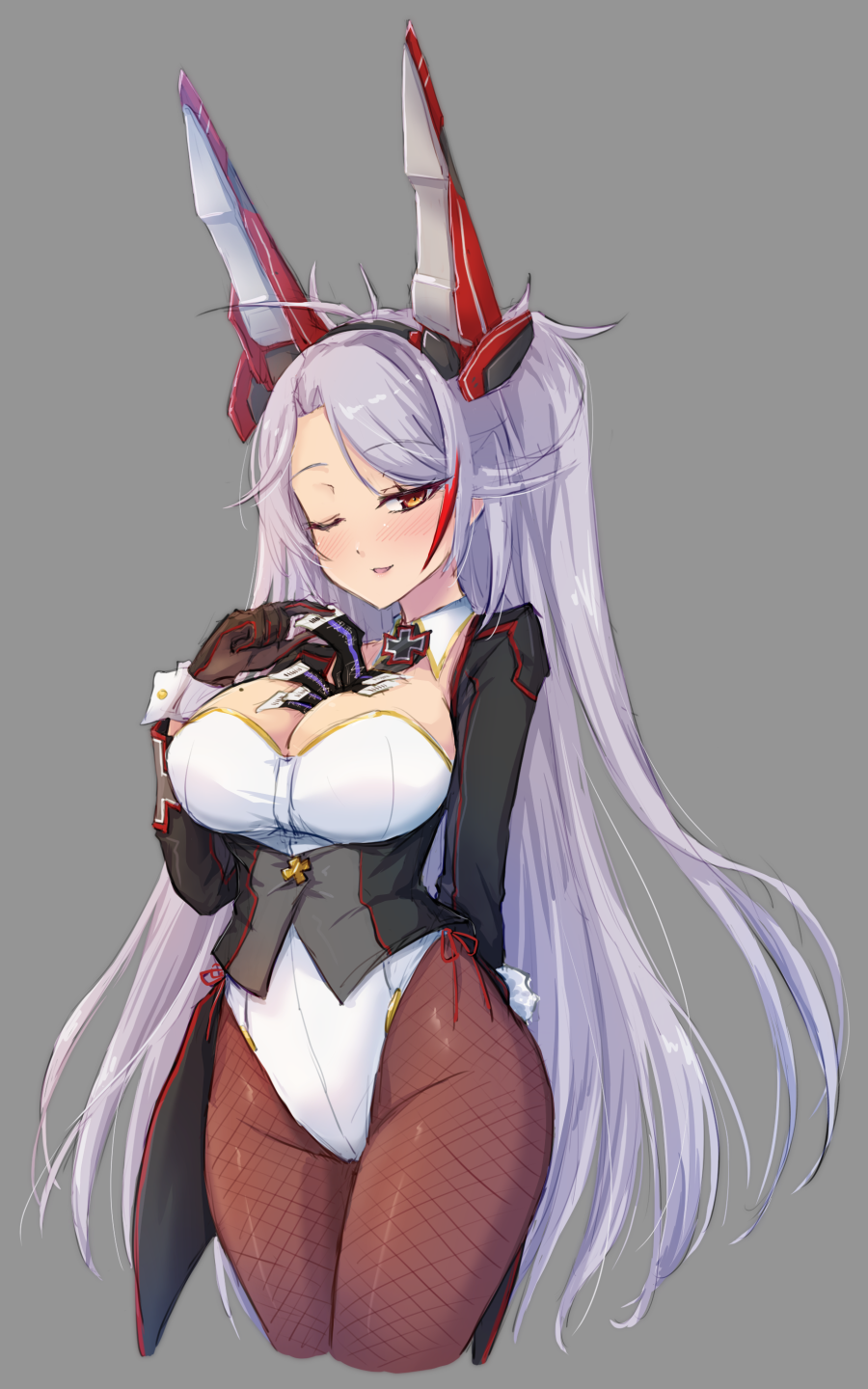 1girl animal_ears azur_lane ballot ballot_(azur_lane) between_breasts breasts brown_gloves cowboy_shot detached_collar eyebrows_visible_through_hair fake_animal_ears fake_tail fishnet_legwear fishnets gloves grey_background headgear highleg highleg_leotard highres large_breasts leotard light_purple_hair long_hair looking_at_viewer mechanical_ears multicolored_hair pantyhose playboy_bunny prinz_eugen_(azur_lane) rabbit_ears rabbit_tail redhead sexually_suggestive simple_background sleeve_cuffs solo strapless strapless_leotard streaked_hair tail underbust very_long_hair waa!_okami white_leotard wrist_cuffs